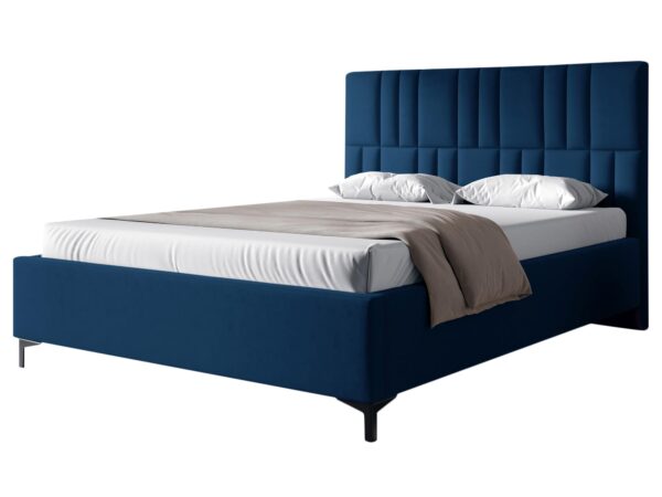 Granatowe łóżko z minimalistycznym zagłówkiem i prostą ramą
