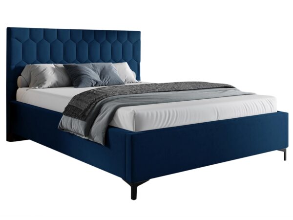 Granatowe łóżko z podwójnym rzędem guzików na zagłówku