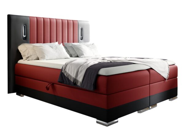 Łóżko w kolorze wina z gładkim zagłówkiem i czarną podstawą w stylu premium