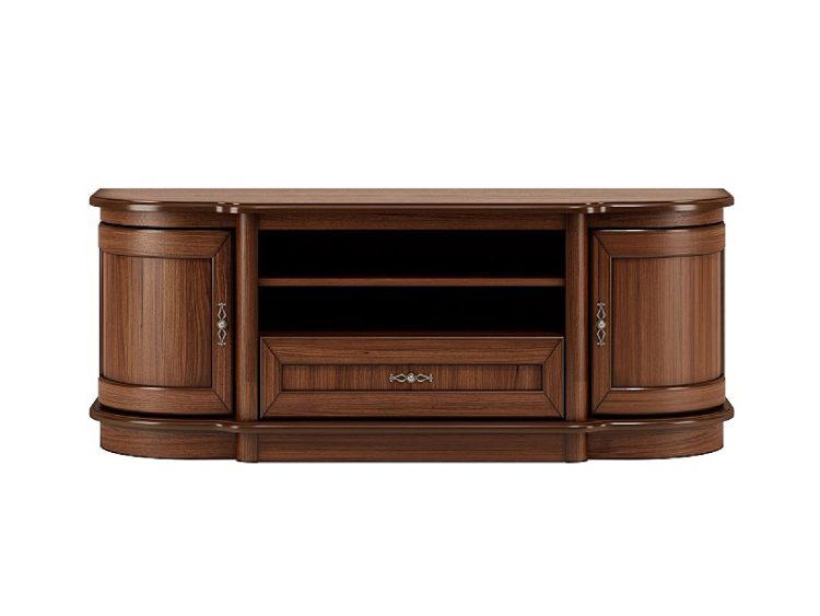 Drewniana szafka RTV z zaokrąglonymi bokami i dolnymi szufladami