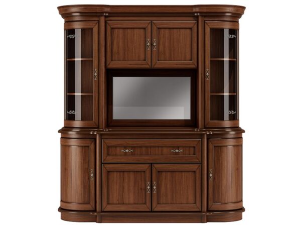 Masywna meblościanka RTV z przeszklonymi witrynami i półkami