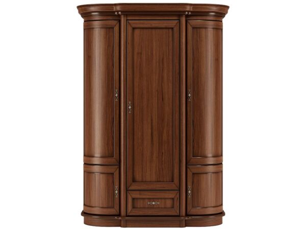 Drewniana narożna szafa z frezowanymi frontami i dolną szufladą