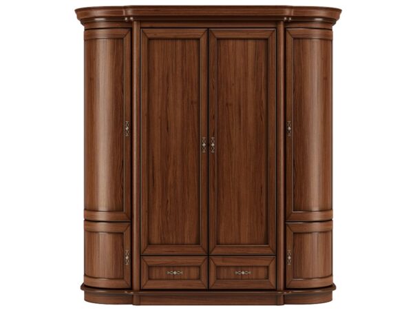 Trzydrzwiowa szafa drewniana z dolnymi szufladami i uchwytami retro