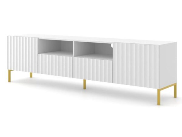 Biała szafka RTV z wnękami i ryflowanym korpusem – złote nogi