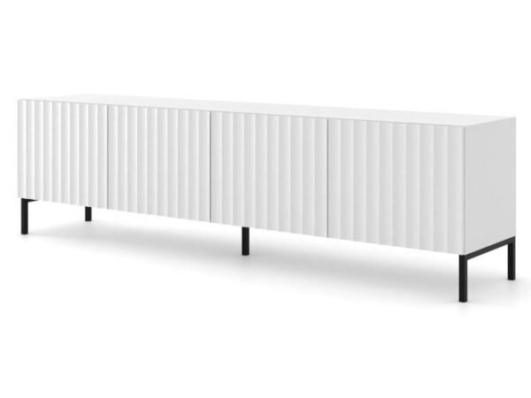 Biała szafka RTV z czarnymi nóżkami – kontrastowy detal