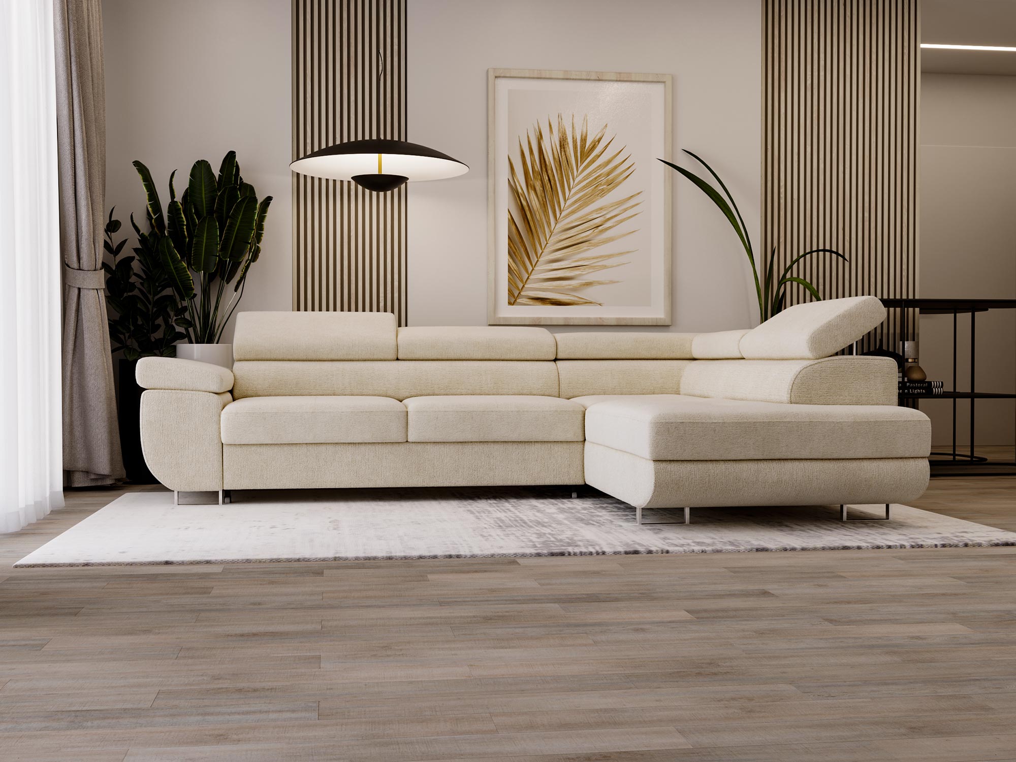 Kremowy narożnik z funkcją przechowywania w eleganckim salonie Kremowy narożnik z funkcją przechowywania w eleganckim salonie