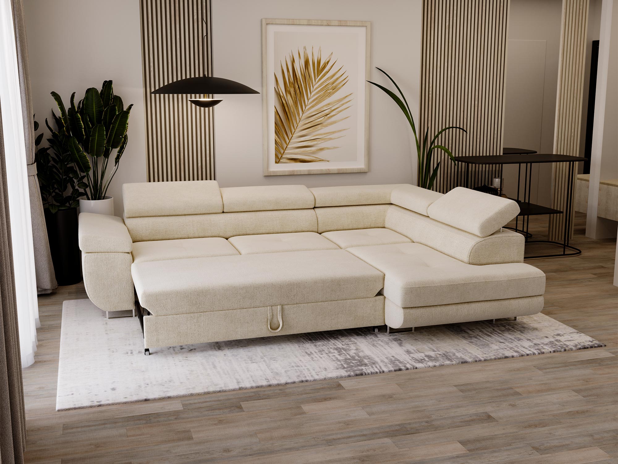 Jasny narożnik modułowy z funkcją spania w aranżacji nowoczesnego salonu Jasny narożnik modułowy z funkcją spania w aranżacji nowoczesnego salonu