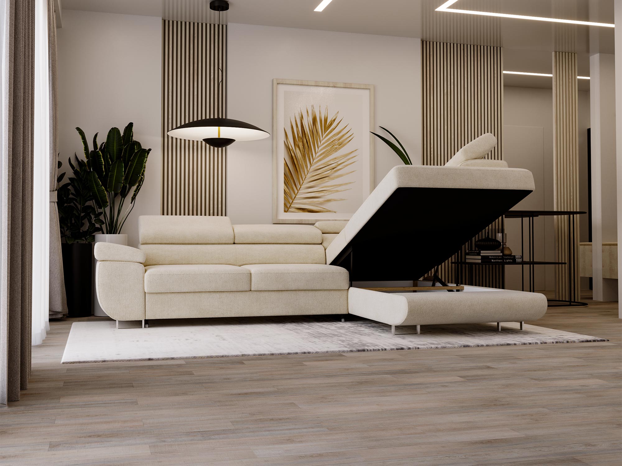 Beżowy narożnik w aranżacji salonu z podłogą drewnianą i lampą Beżowy narożnik w aranżacji salonu z podłogą drewnianą i lampą