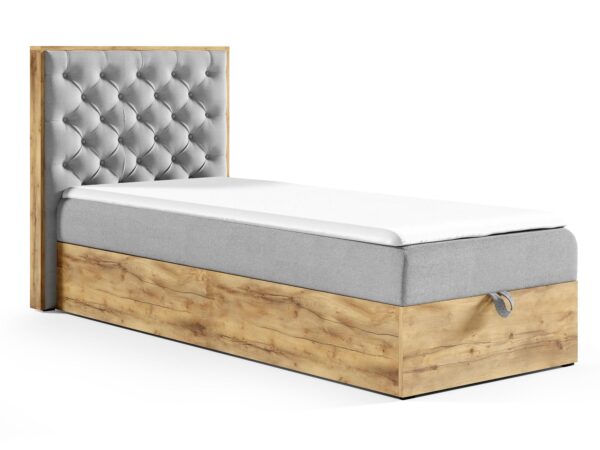 Nowoczesne łóżko z pikowanym zagłówkiem, drewniana skrzynia, kolor jasnoszary