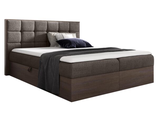 Ciemnobrązowe łóżko z wysokim zagłówkiem i praktyczną szufladą