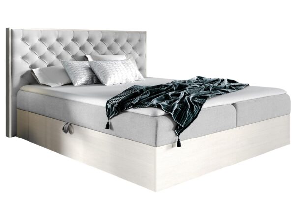 Pikowane łóżko w kolorze popielatym z eleganckim czarnym pledem