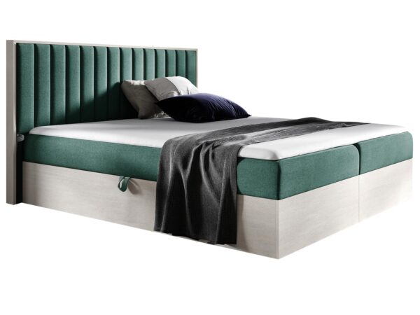 Zielone łóżko z dekoracyjnym zagłówkiem i pojemnikiem, tkanina welurowa