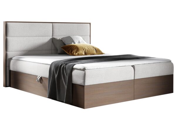 Łóżko z przeszywanym zagłówkiem i jasną podstawą, styl skandynawski