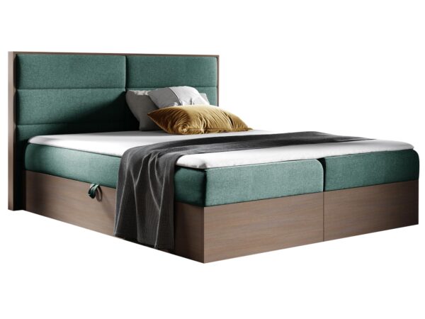 Zielone łóżko z niskim zagłówkiem i pojemnikiem na pościel