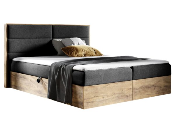 Ciemnoszare łóżko z dekoracyjnym pikowaniem i drewnianą ramą