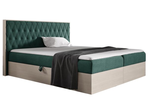 Tapicerowane łóżko z jasną ramą i eleganckim wykończeniem