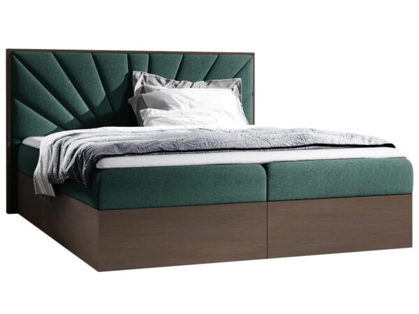 Zielone łóżko tapicerowane z podziałem i pojemnikiem