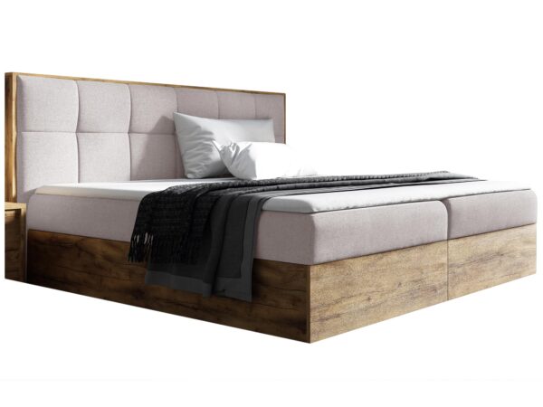 Łóżko dębowe z tapicerowanym zagłówkiem, styl sypialniany