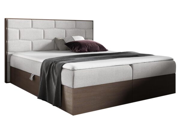 Łóżko beżowe z pikowanym zagłówkiem i skrzynią na pościel