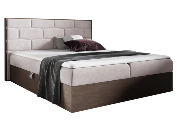 Beżowe łóżko z pojemnikiem na pościel i eleganckim wykończeniem