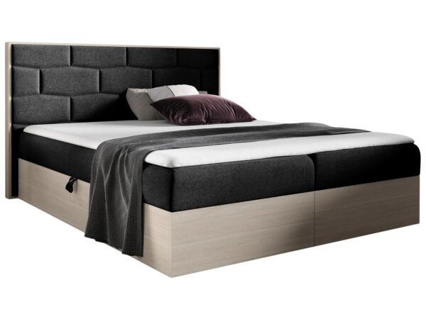 Szare łóżko z pikowanym zagłówkiem i pojemnikiem na pościel