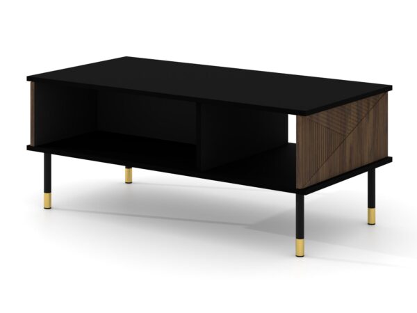 Czarna ława z otwartymi półkami i dębowym bokiem