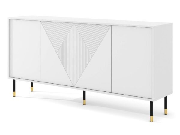 Biała komoda z trzema frontami i ozdobnymi detalami