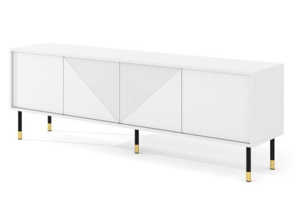 Biała komoda z dekorem w kształcie litery „V” i złotymi detalami