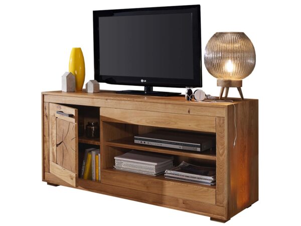 Niska szafka RTV z żółtymi akcentami – salon nowoczesny