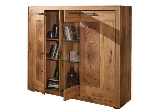 Biblioteczka z otwartymi półkami i zamkniętym frontem – styl vintage