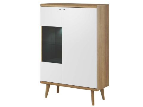 Witryna z przeszklonym frontem i białymi drzwiami na drewnianych nogach