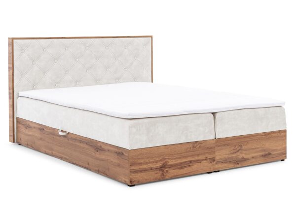 Drewniane łóżko z beżowym obiciem i wysokim zagłówkiem