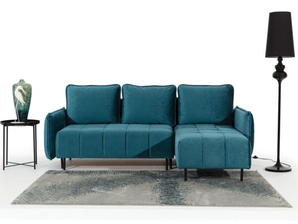 Narożnik turkusowy z regulowanym oparciem i funkcją spania