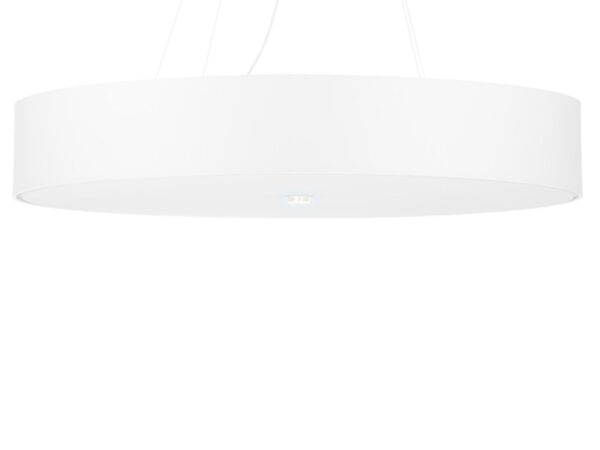 Biała pierścieniowa lampa LED zawieszona na linkach