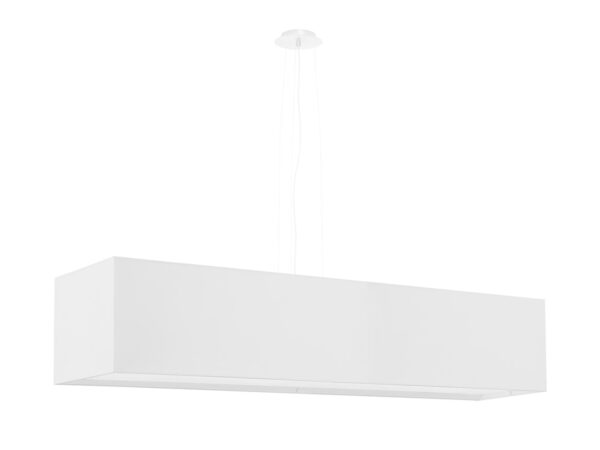 Biała lampa LED w prostej formie geometrycznej, zawieszona sufitowo