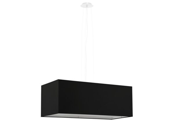 Czarna prostokątna lampa wisząca w formie kostki, widok boczny