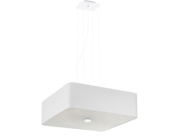 Biała lampa prostokątna wisząca z cienkimi linkami montażowymi