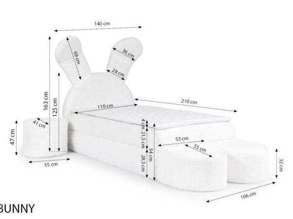 Rysunek techniczny łóżka z wezgłowiem typu bubble i wymiarami