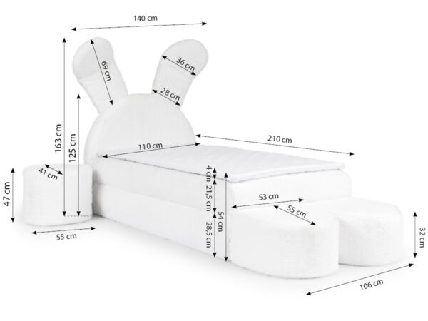Techniczny rysunek łóżka z wysokim zagłówkiem i szerokim siedziskiem