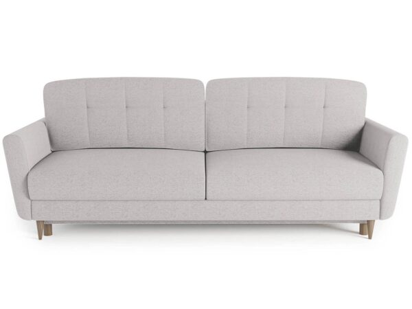 Sofa jasnobeżowa z zaokrąglonym oparciem i stylowym wykończeniem