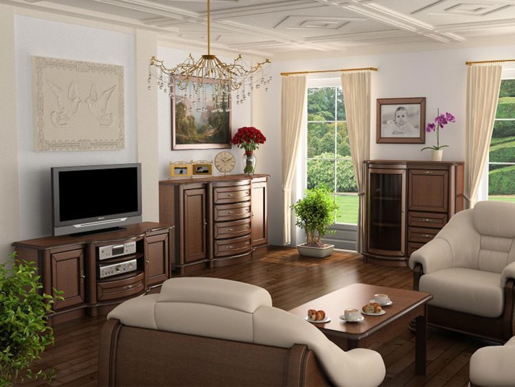 Klasyczny salon z witrynami i drewnianym stołem kawowym