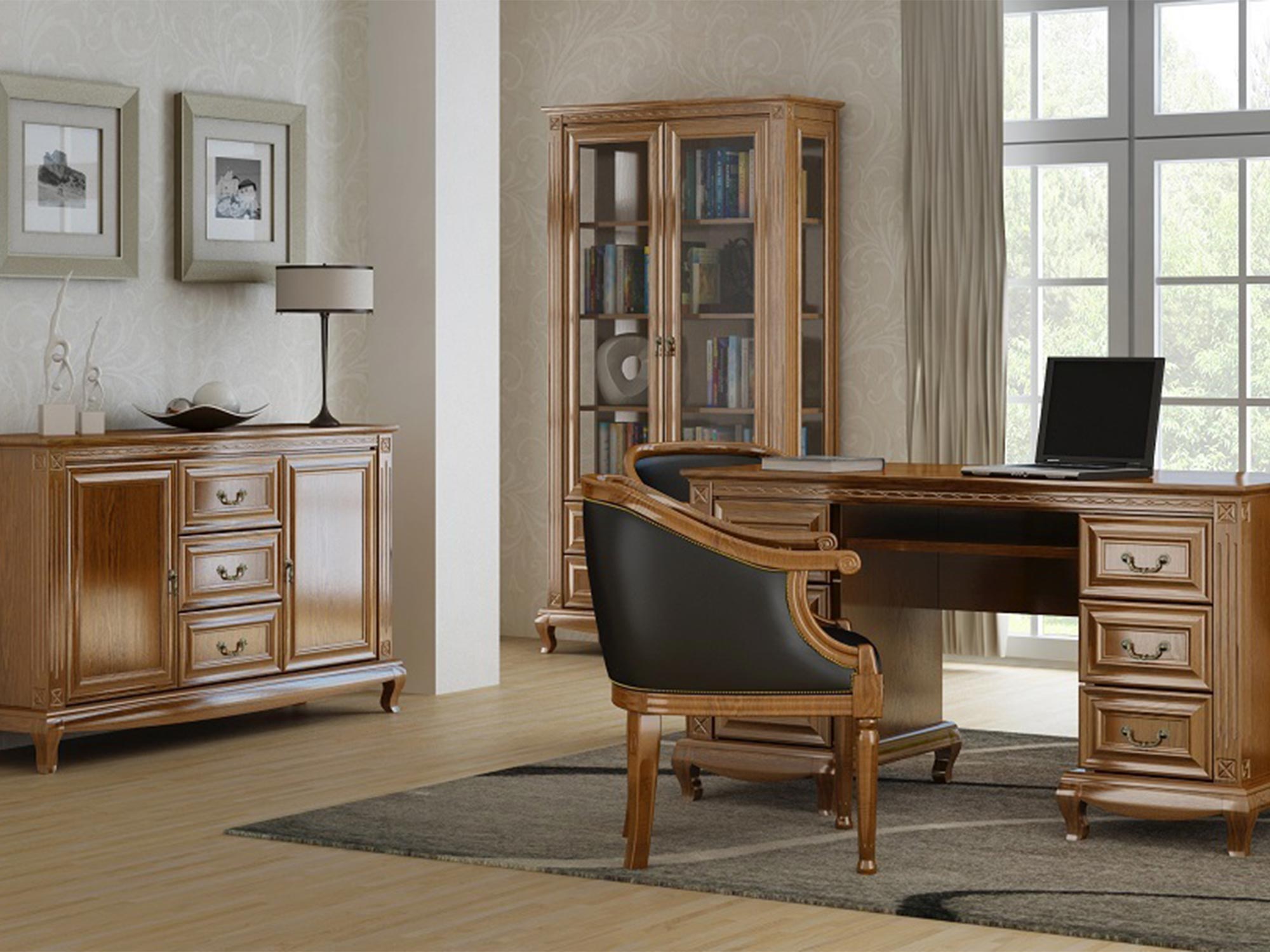 Gabinet z witryną, komodą i biurkiem z drewna w klasycznym stylu