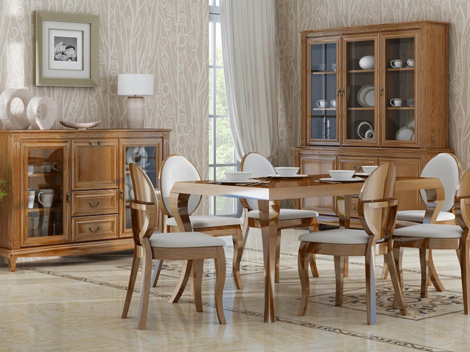 Elegancka jadalnia z drewnianym stołem i witryną w stylu klasycznym Elegancka jadalnia z drewnianym stołem i witryną w stylu klasycznym