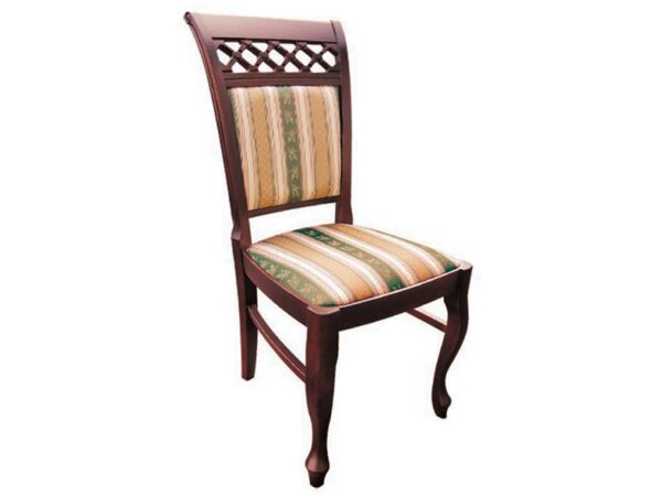 Krzesło drewniane z tapicerowanym siedziskiem i pasami w odcieniach beżu