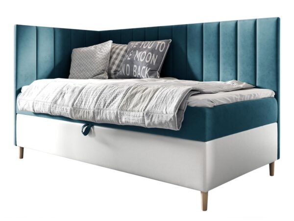 Morskie łóżko z miękkim zagłówkiem i prostą podstawą, styl nowoczesny