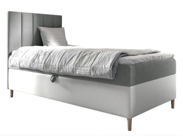 Jasnoszare łóżko z wąskim zagłówkiem i pojemnikiem, styl soft modern