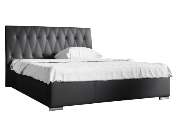 Czarne łóżko tapicerowane z romboidalnym pikowaniem – elegancja w czystej formie