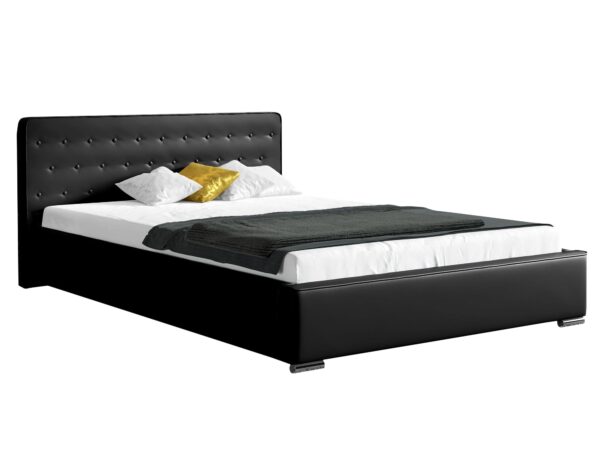 Czarne łóżko z prostą ramą i żółtą poduszką, styl minimalistyczny