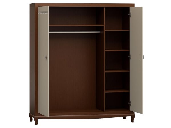 Szafa narożna w ciemnym drewnie z półkami i drążkiem na ubrania