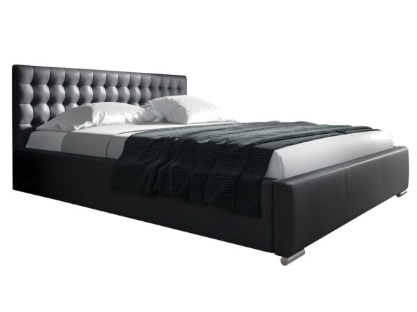 Czarne łóżko z podwójnym przeszyciem i jasną pościelą, styl hotelowy